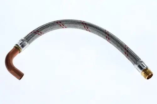 Flexibler Schlauch mit einem gewinkelten Ende aus Kupfer und Metallanschlüssen, hergestellt von Bosch, geeignet für verschiedene Anwendungen im Sanitärbereich.
